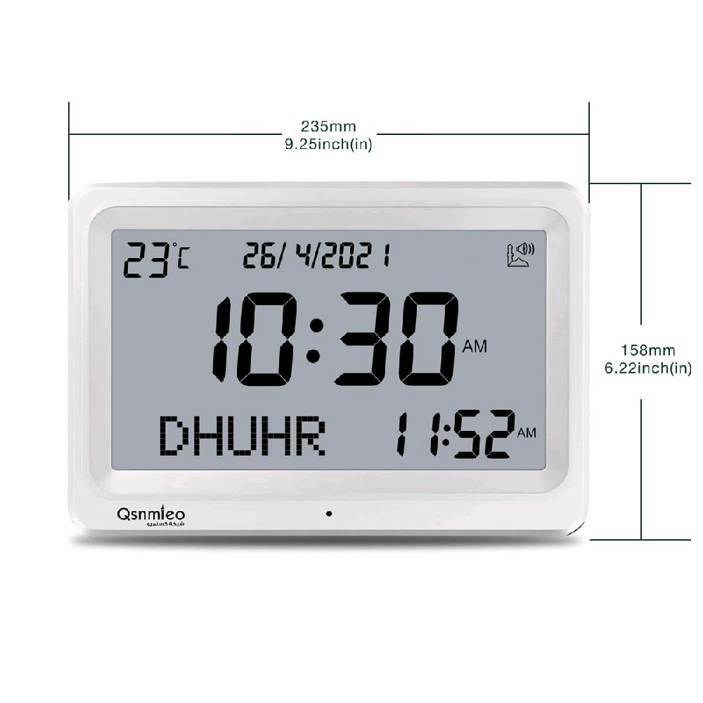 Digital clock with display showing time and date, dimensions indicated on a white background