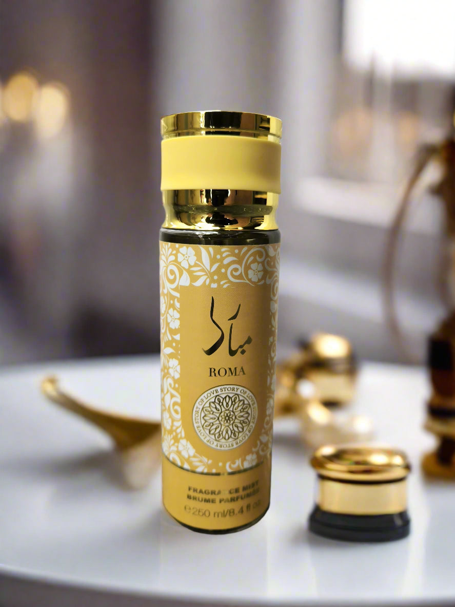 Gold and black cylindrical product with decorative design on a tiled wall background