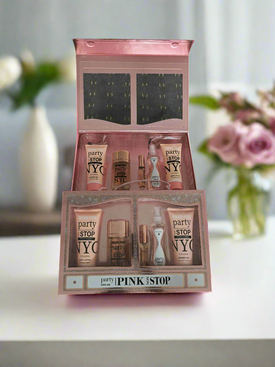 Makeup set with 'party pink stop' branding on a textured black surface