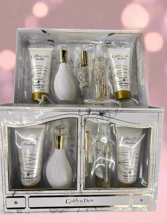 Cosmetic set with bottles and containers labeled 'Golden Dew' in a decorative box.