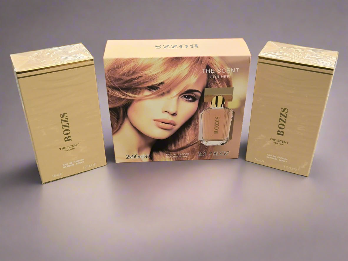 Bozzs perfume packaging with a woman's face on the box against a gray textured background