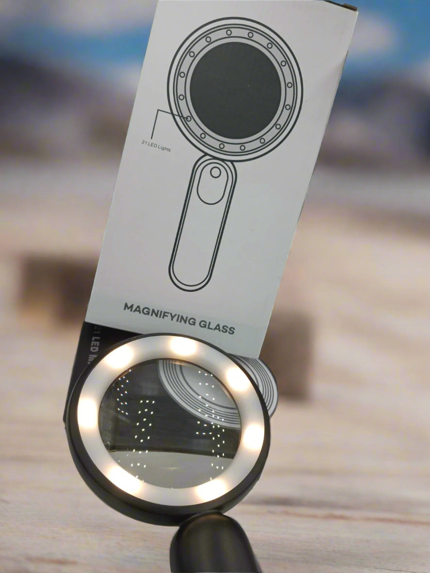 Magnifying glass with packaging on a white surface