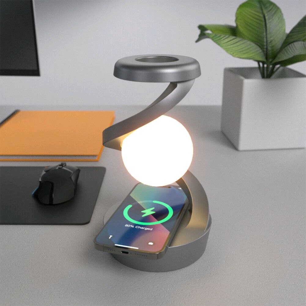 Rechargeable Rotating Modern Desk Lamp with Changeable Colours USB Port & Cable and Wireless Mobile Charger Base 3D Levitation Visual Effect