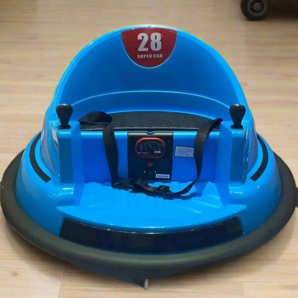 Blue bumper car with number 28 on a white background
