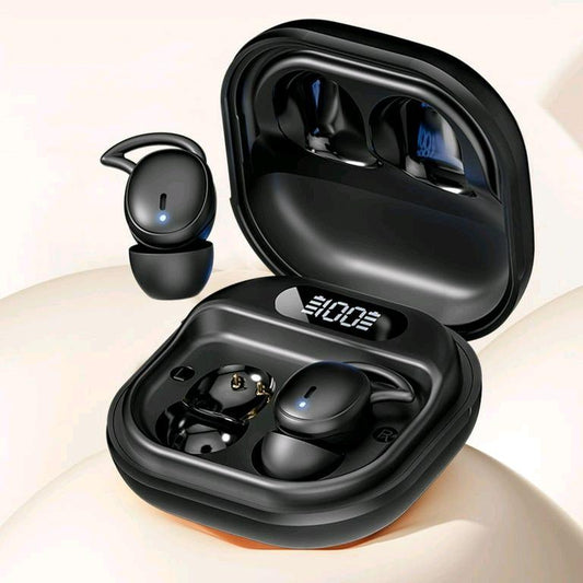 Black wireless earbuds with charging case on a light background