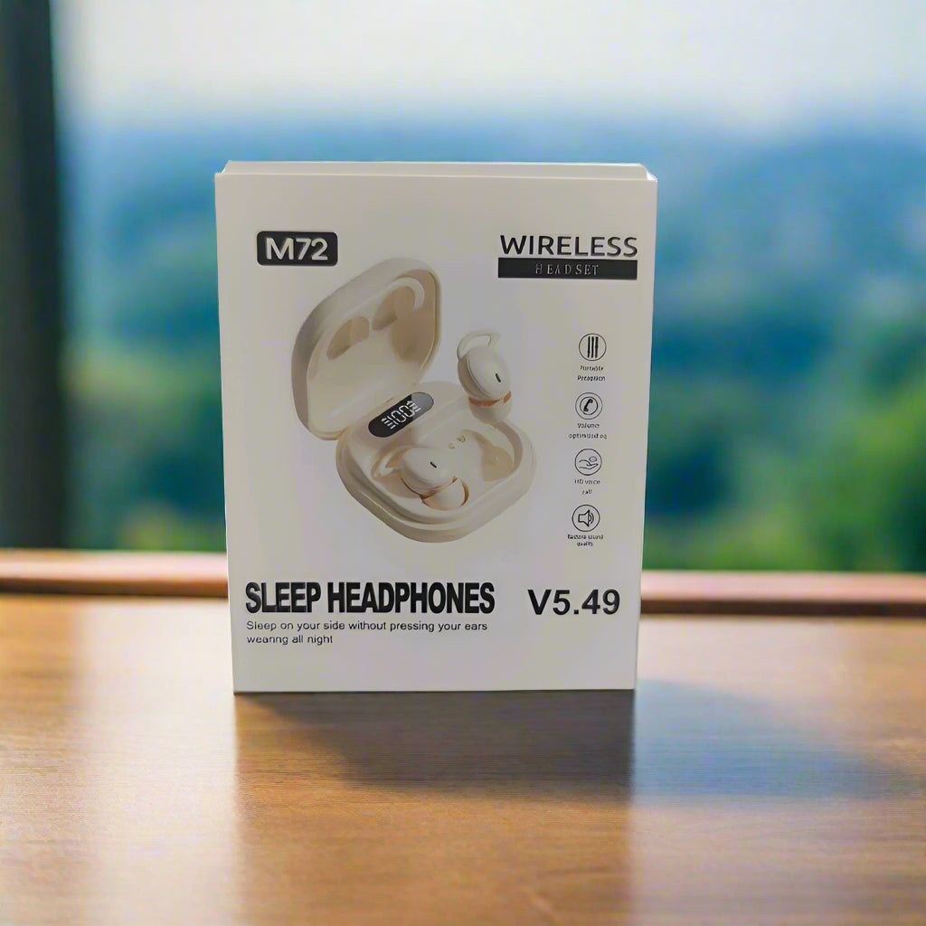 Box of M72 wireless sleep headphones on a white background