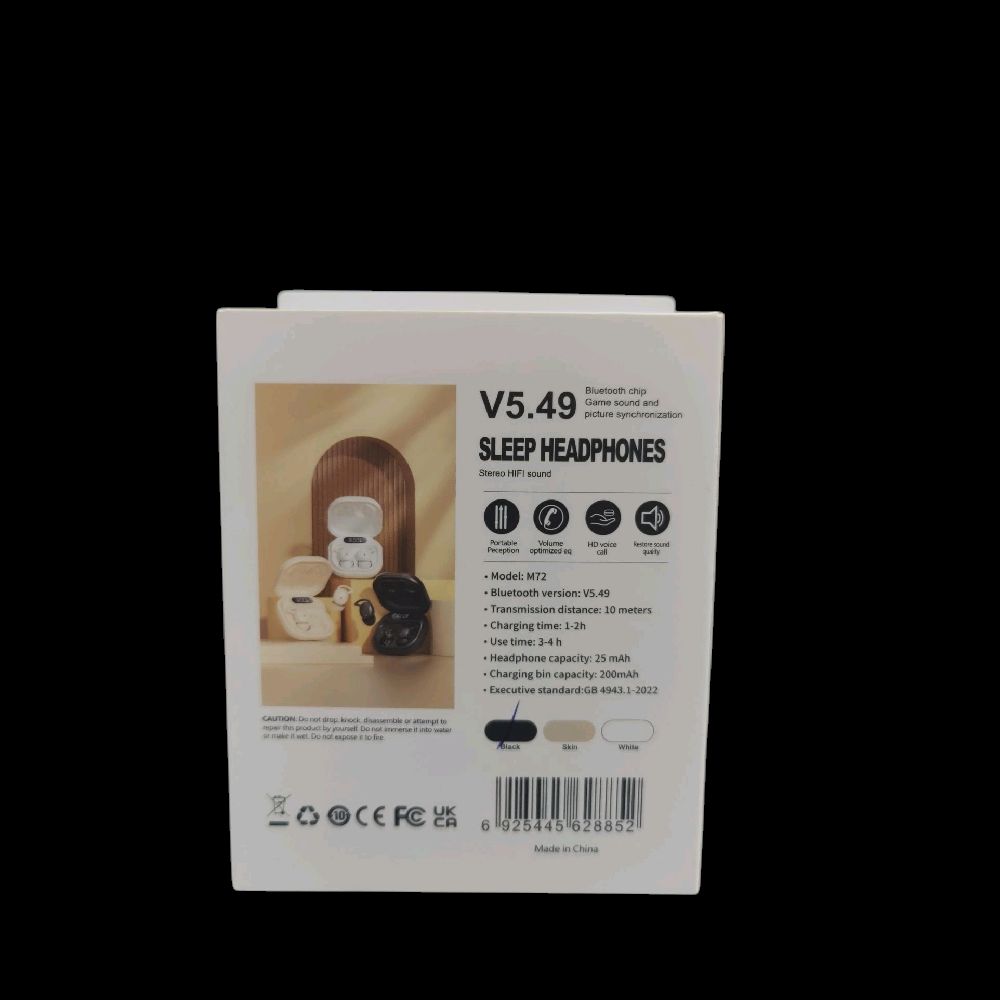 Packaging of V5.49 sleep headphones with product images and specifications on a white background