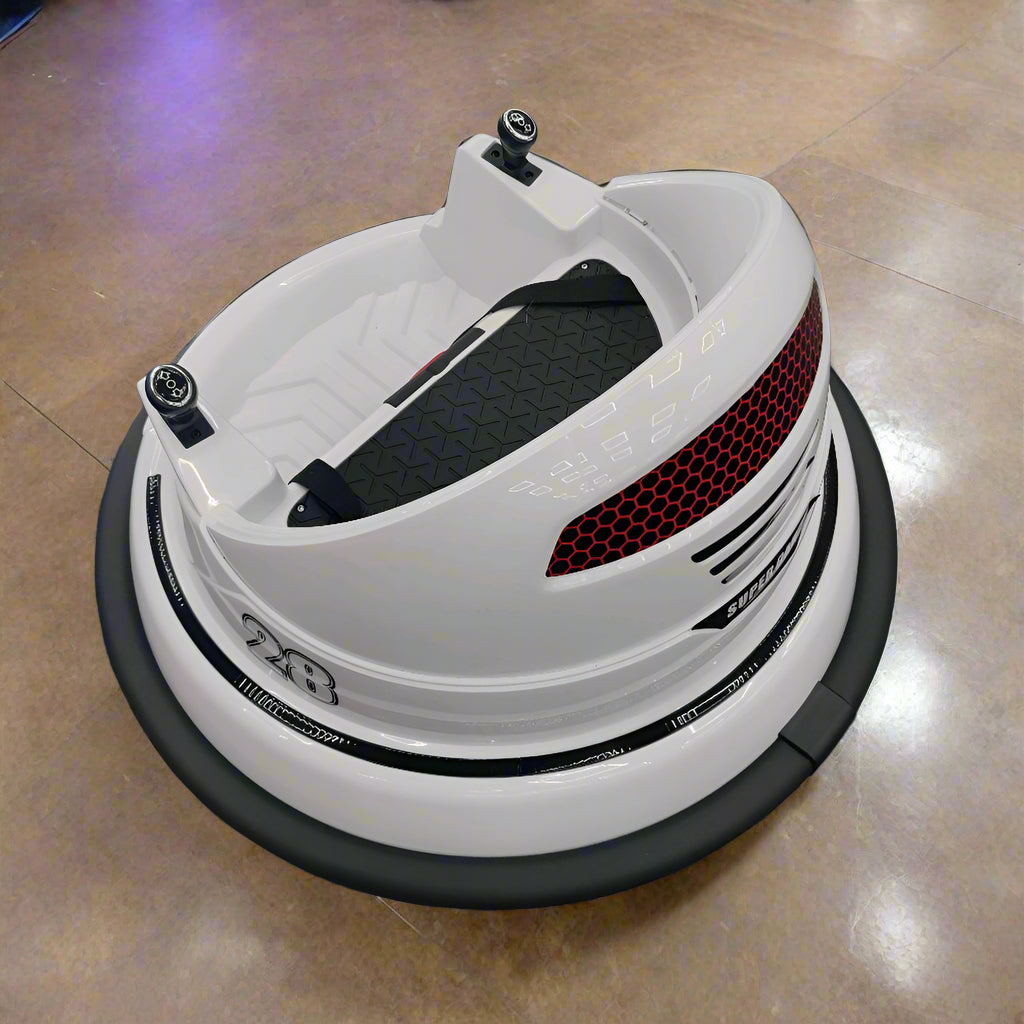 White buffer sander with red accents on a textured gray surface