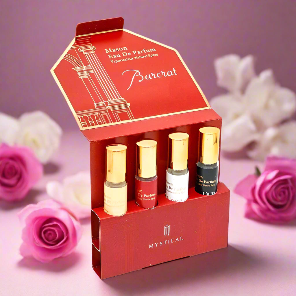 Set of Mason Eau De Parfum bottles in a red display box with 'Mystical' branding.