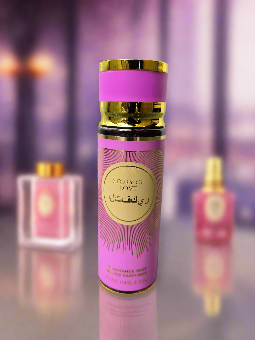 Pink perfume bottle with gold cap on a gray surface