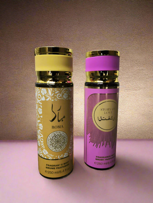 Two perfume bottles, one gold and one pink with purple cap, on a textured surface.