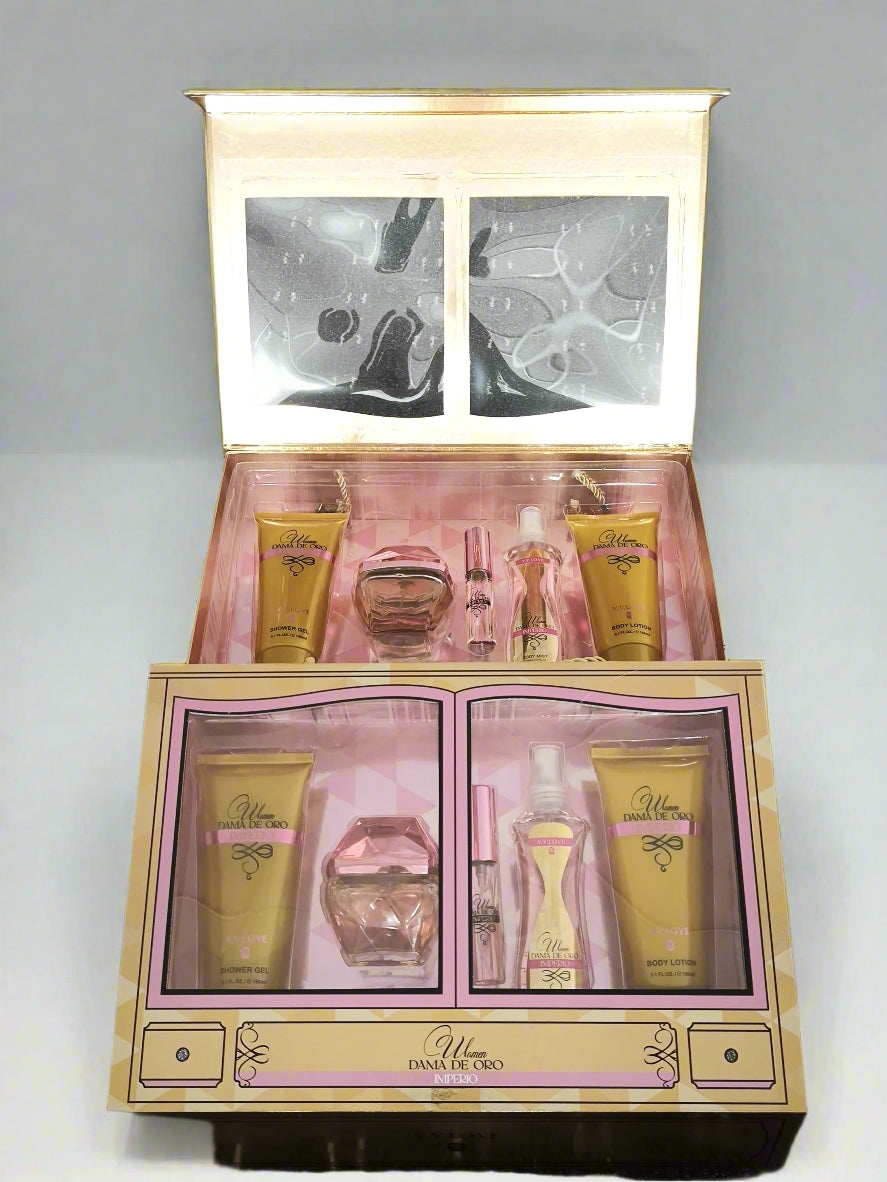 Cosmetic set with various products in a decorative box on a textured surface