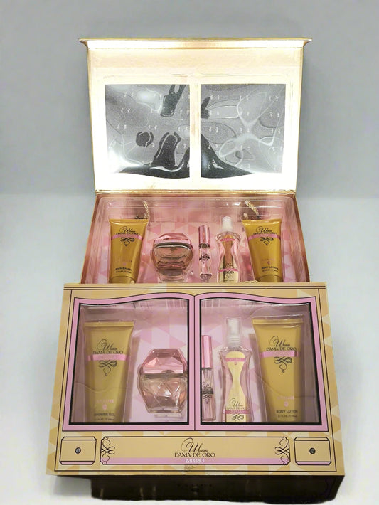 Cosmetic set with various products in a decorative box on a textured surface