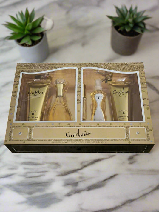 Goldense gift set packaging on a textured black surface