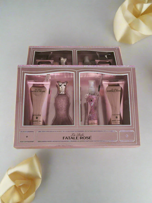Fatale Rose perfume set packaging on a textured black surface