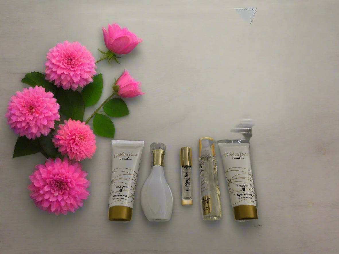 Cosmetic set with skincare products in a white box on a textured gray surface