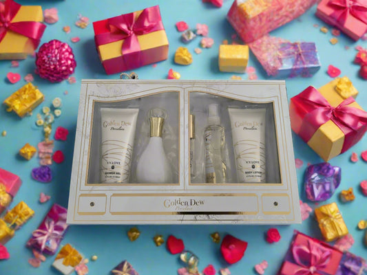 5 Pieces Golden Dew VV Love Gift Set - Cosmetic set with skincare products in a white box on a textured gray surface