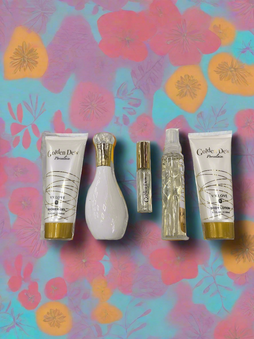 Cosmetic set with bottles and containers in a branded box on a textured surface
