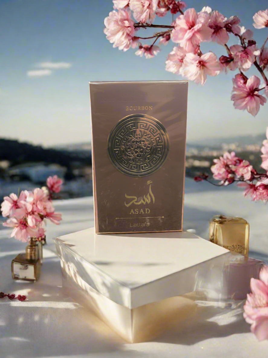 Brown box with gold design and text on a gray surface
