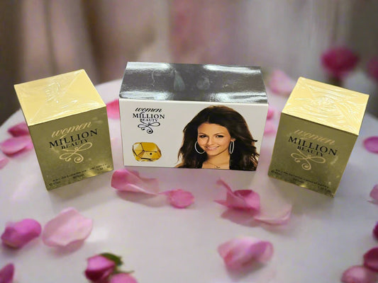 Two gold boxes of women's perfume with a central box featuring a woman's face on a textured gray background.