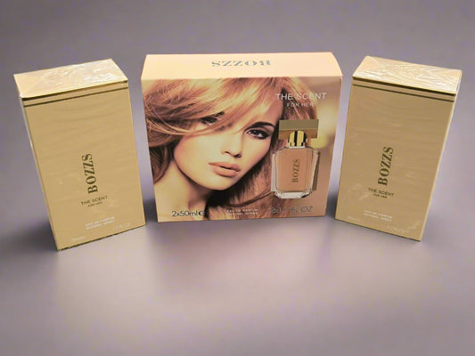 Bozzs perfume packaging with a woman's face on the box against a gray textured background