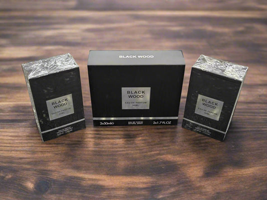 Black Wood perfume packaging on a textured gray background