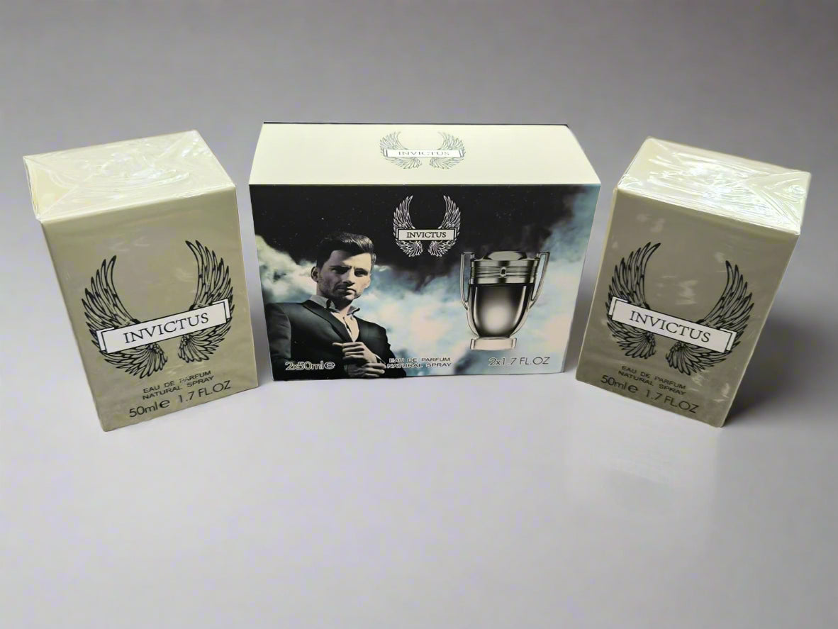 Invictus perfume packaging set on a textured surface
