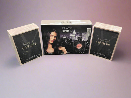 Three boxes of 'Black Option' on a textured gray surface