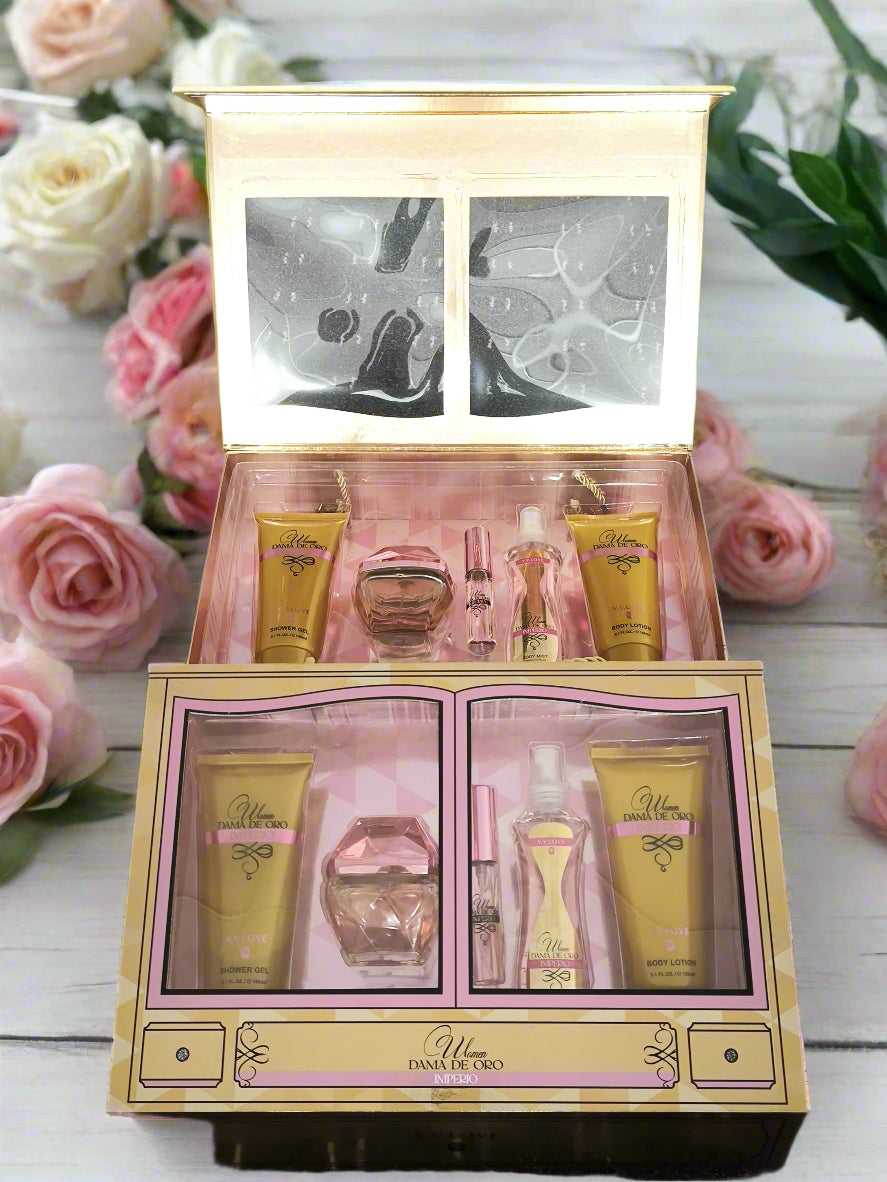 Cosmetic set with various products in a decorative box on a textured surface