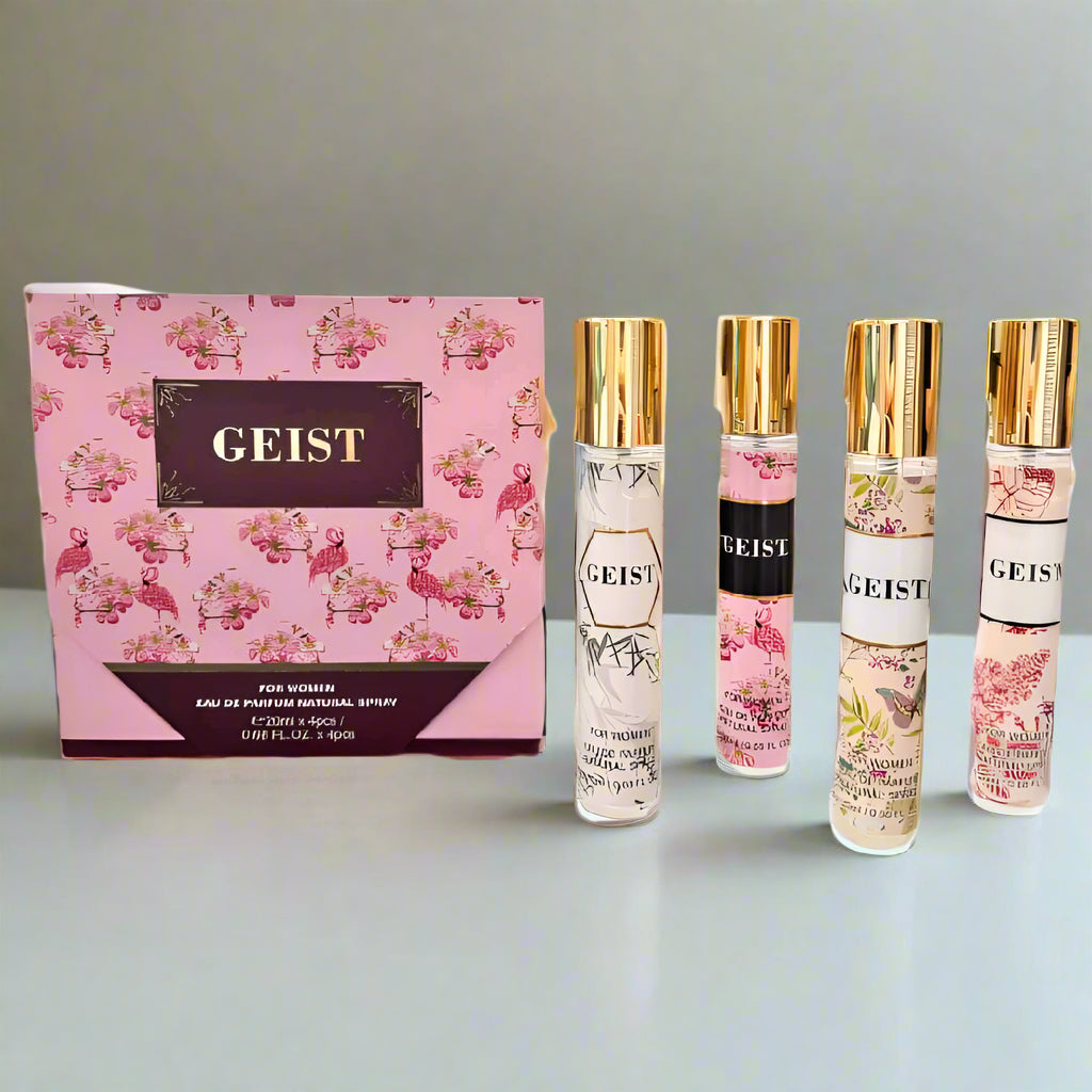 Set of GEIST perfume bottles with a decorative box on a white background