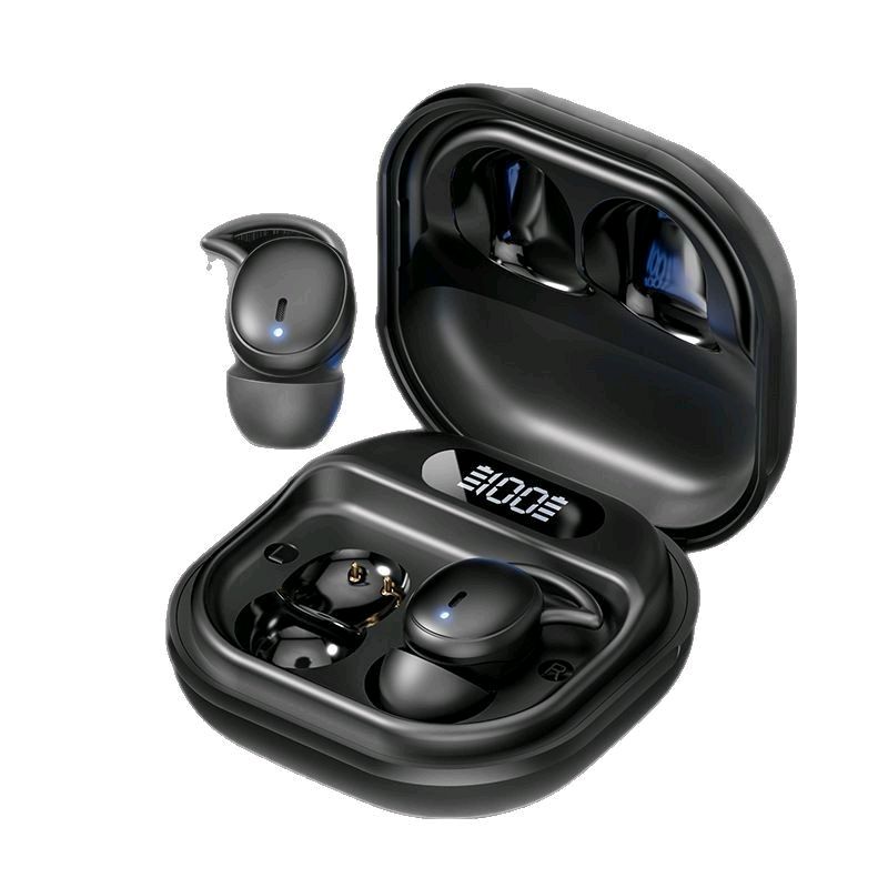 Black wireless earbuds with charging case on a white background
