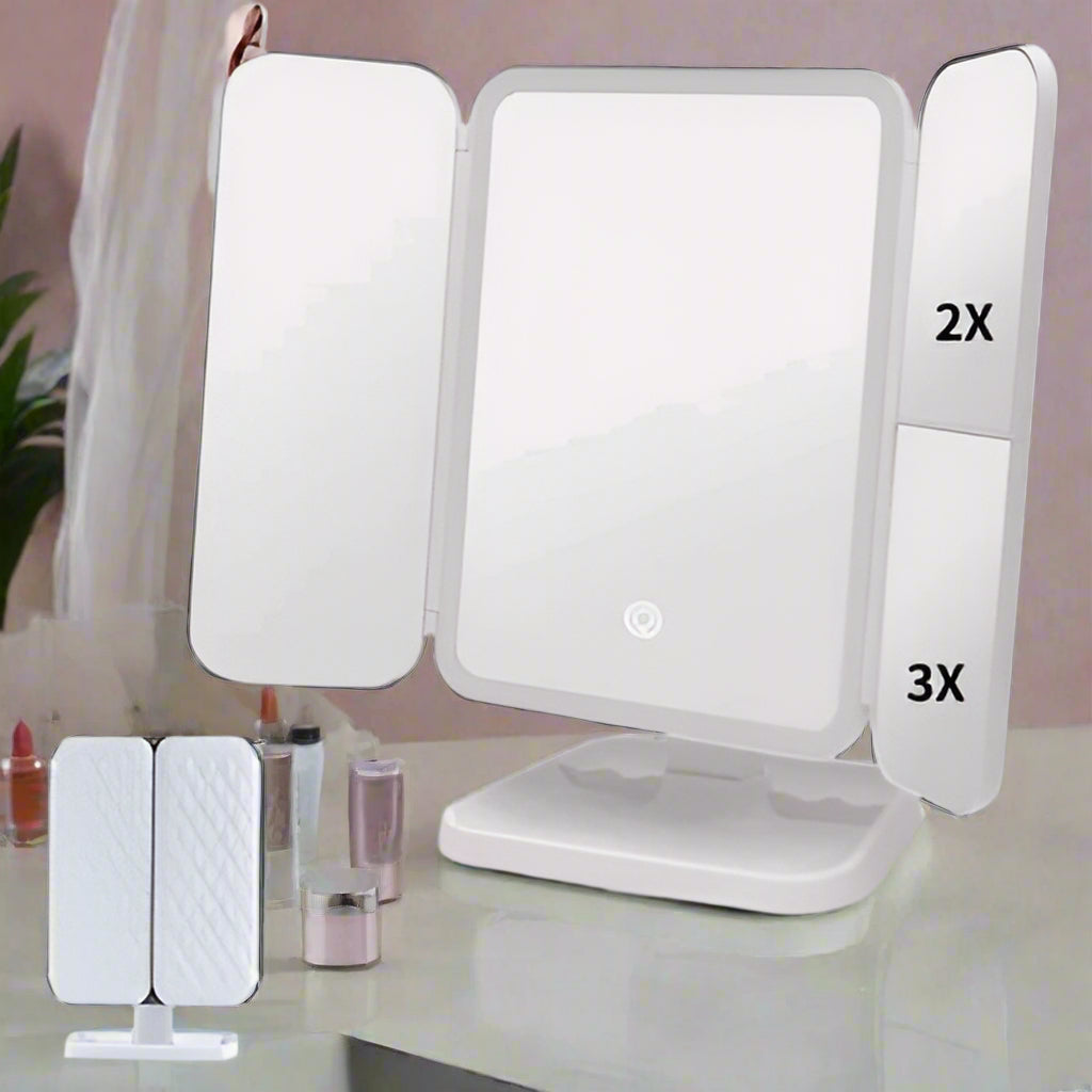 Makeup mirror with LED lights and magnification options on a white background