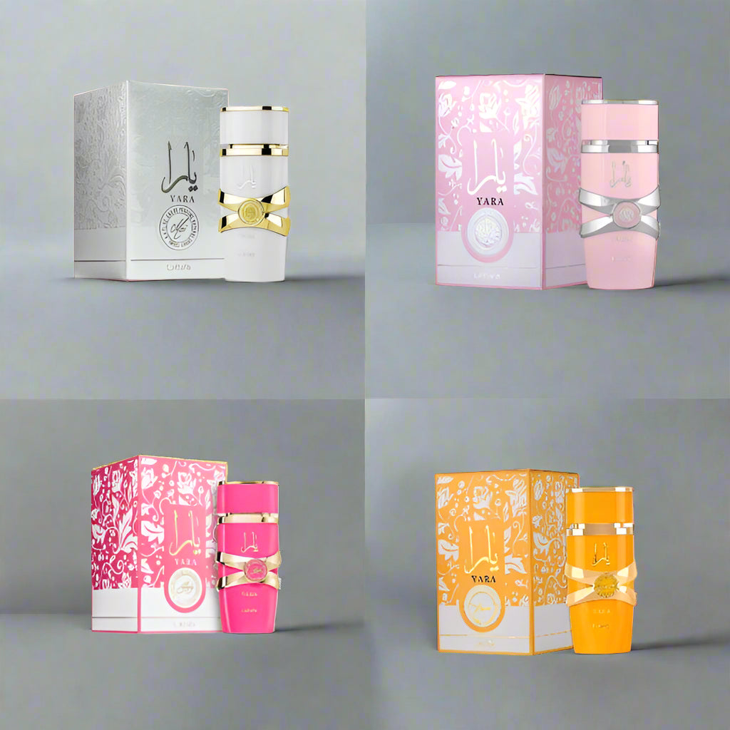 Four Yara perfume bottles with their respective boxes on a white background