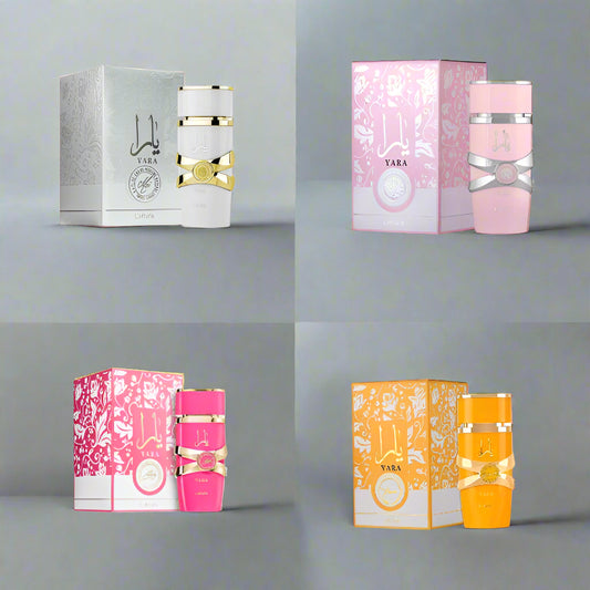 Four Yara perfume bottles with their respective boxes on a white background
